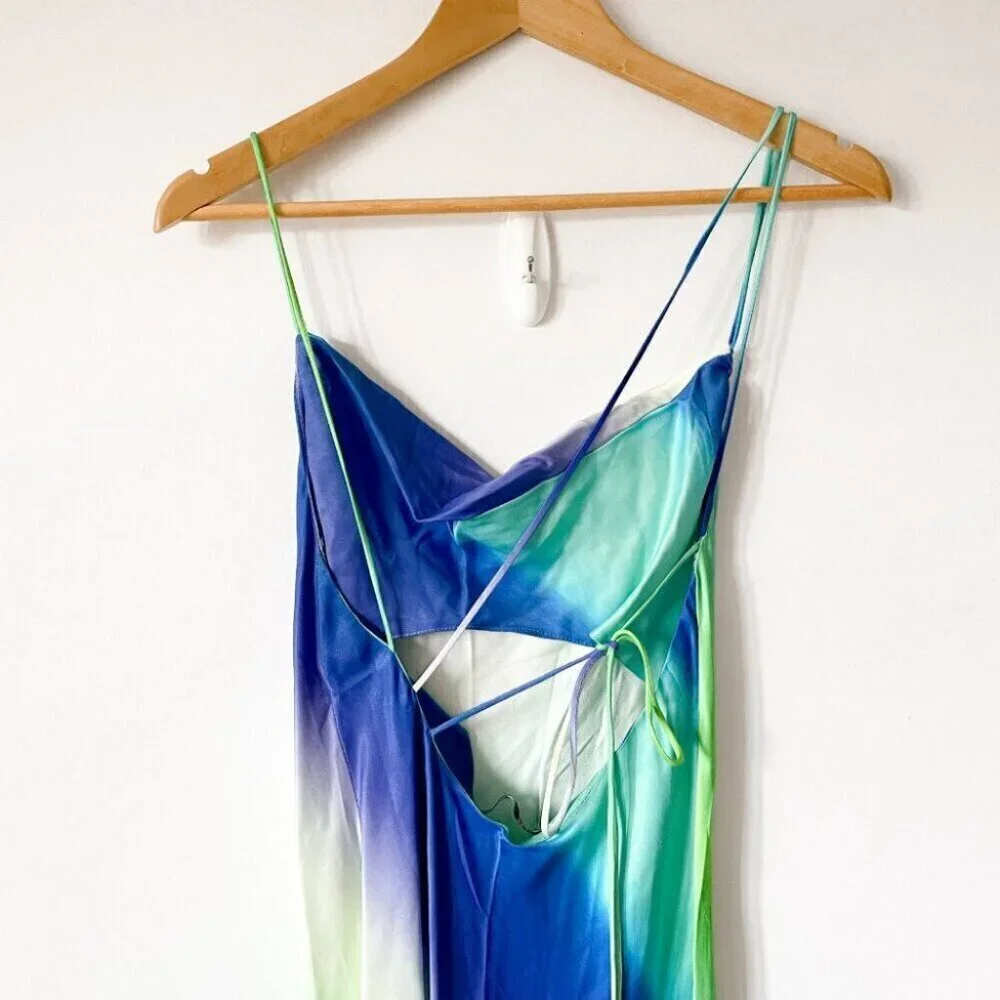 Zara Multicolored Tie Dye Satin Effect Cross Back Midi Dress Blue Green Ombre XS